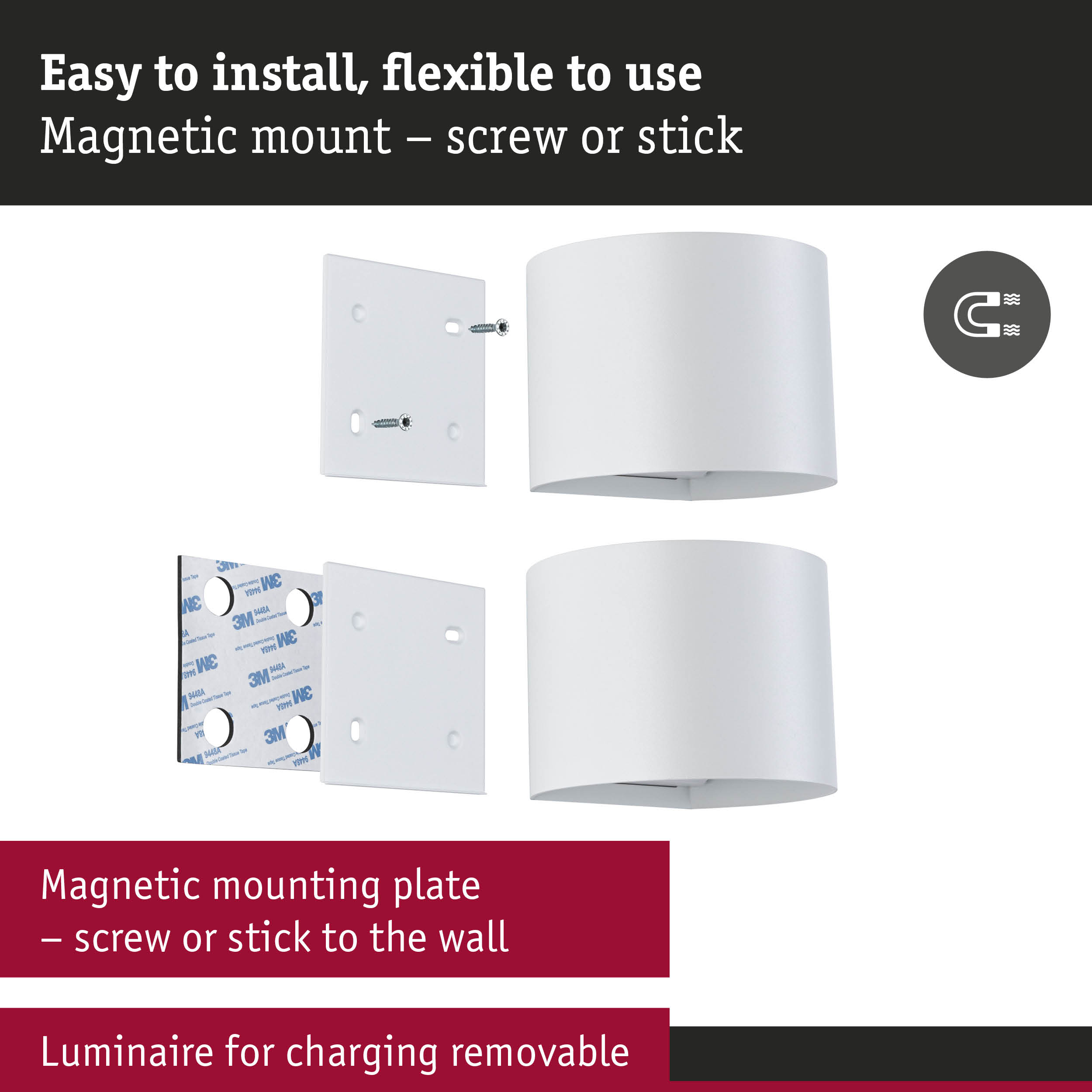 White magnetic mounting plate with screws and adhesive tape for flexible wall installation