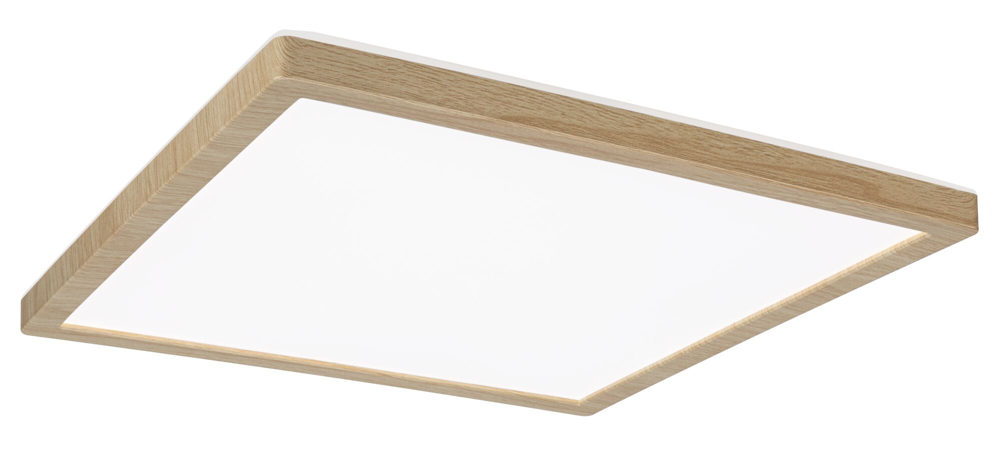 Vierkante plafondlamp met licht eikenhouten frame en witte diffuser voor woonruimtes