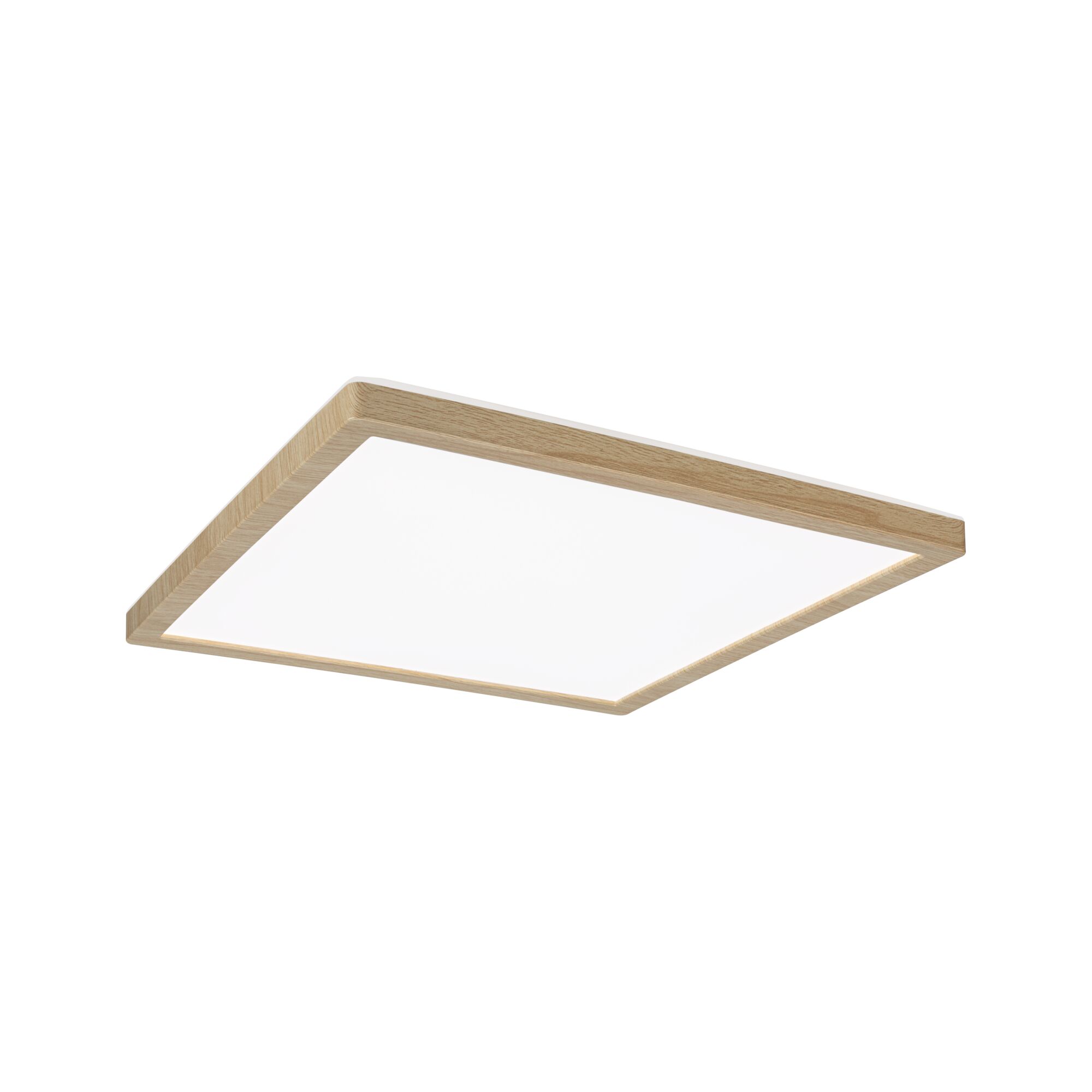 Square ceiling light with light oak wood frame and white diffuser for modern home lighting