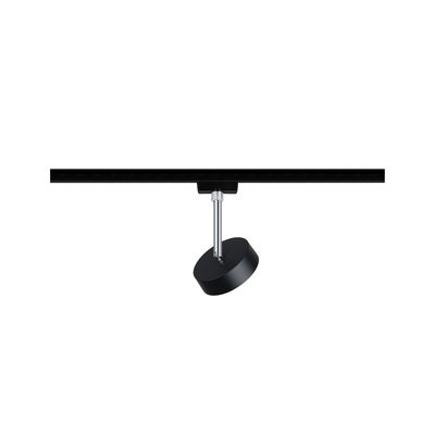 Black metal LED spotlight with adjustable head on black track for modern lighting solutions