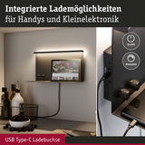 Schwarze Wandlampe mit integriertem USB Type-C Ladeanschluss und dimmbarer LED-Beleuchtung für kleine Elektronik.