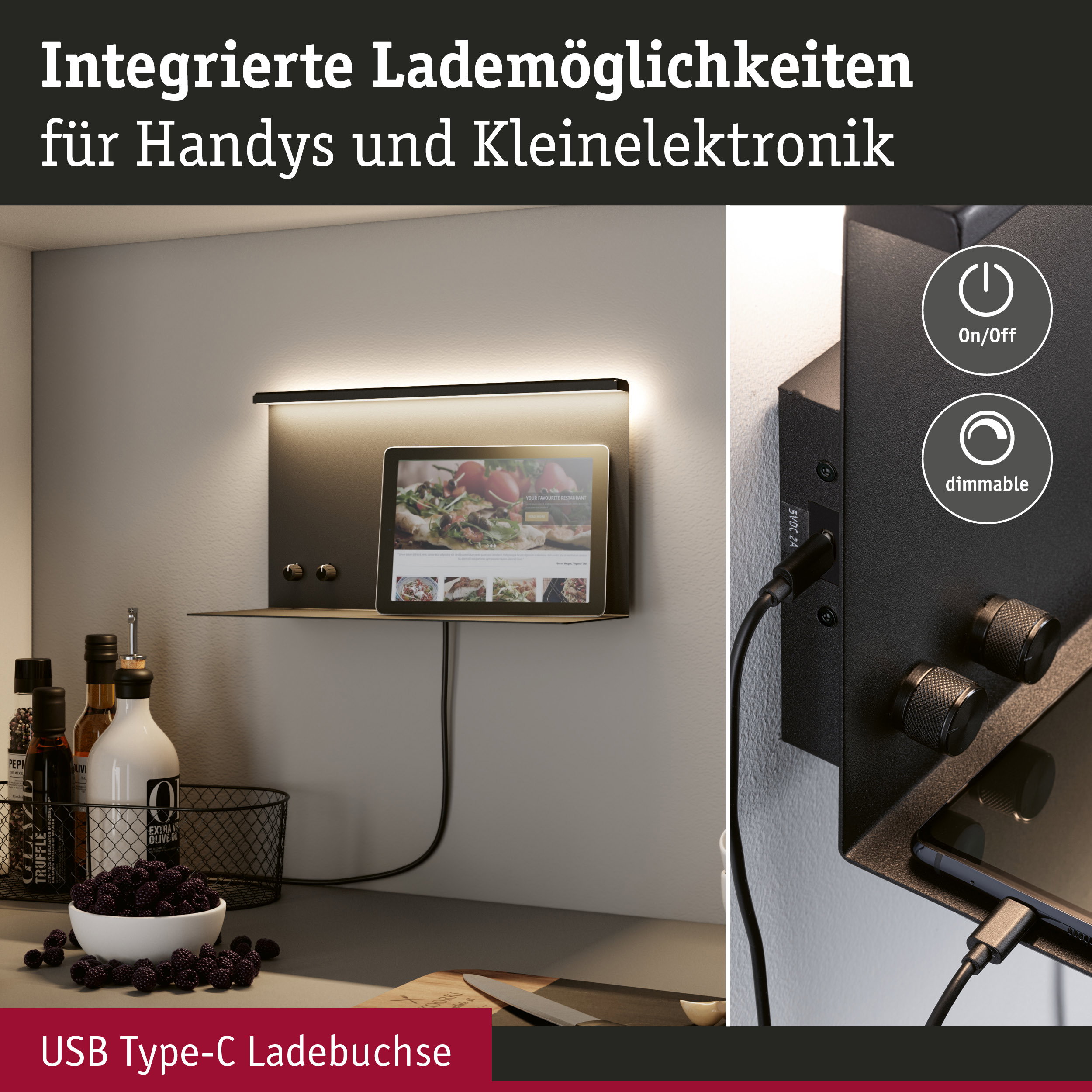Moderne Wandlampe mit integriertem USB Type-C Ladeanschluss in Schwarz für Handys und Elektronik.
