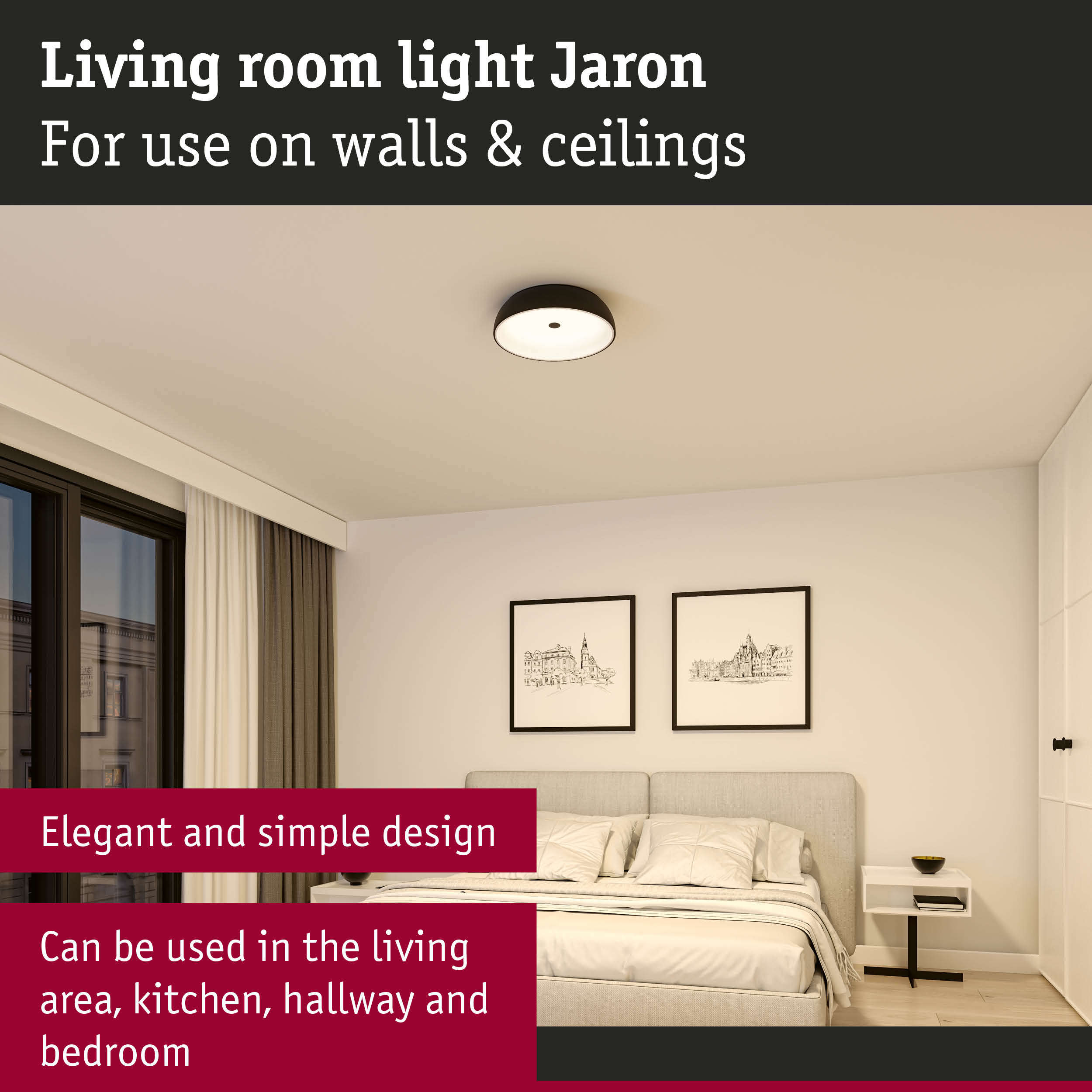Round black and white Jaron living room ceiling light for wall and ceiling mounting, simple design