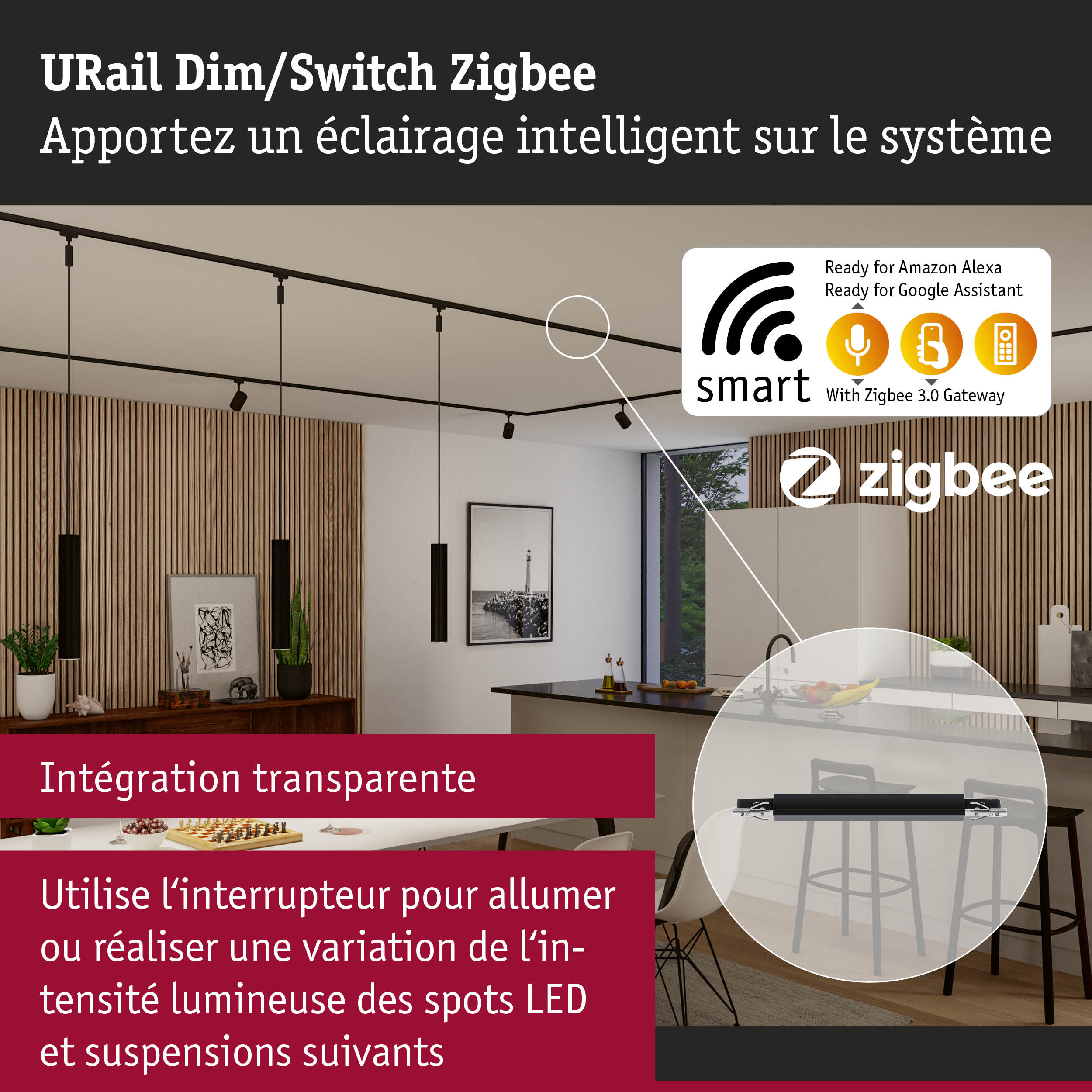 Système de rail URail Dim/Switch Zigbee noir avec éclairage LED intelligent pour intérieurs modernes