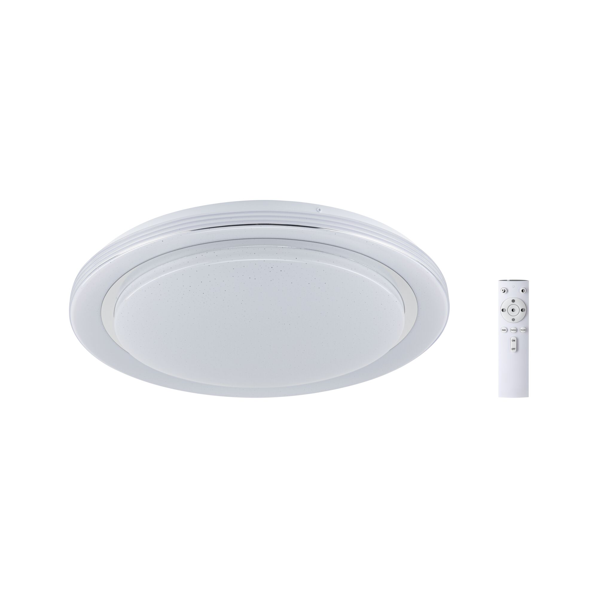 Round white LED ceiling light made of plastic with remote control for dimmable lighting