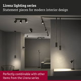 Black Lirena LED ceiling spotlights and pendant lights in modern living room with grey walls