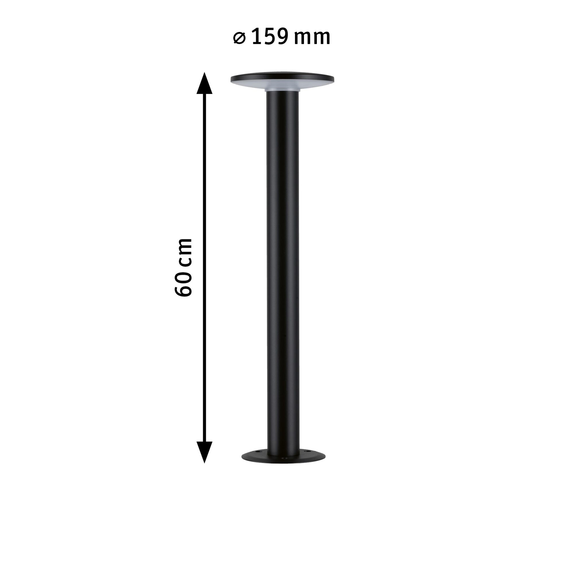 Black metal support pole 60 cm high with 159 mm diameter for lighting or furniture mounting