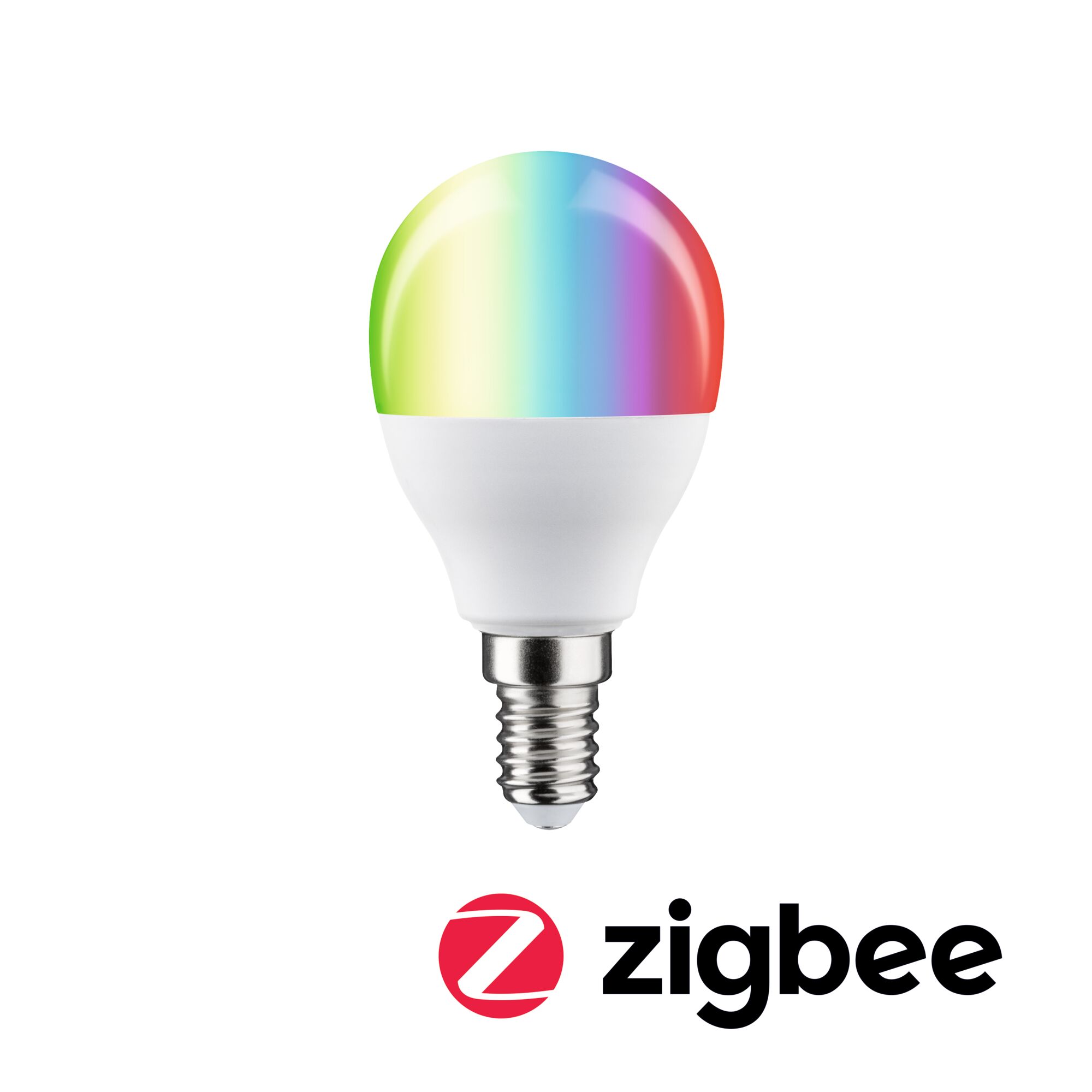 Kleurrijke LED-lamp met E14-fitting en Zigbee voor slimme verlichting en kleurverandering.