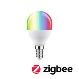 Bunte LED-Lampe mit E14-Fassung und Zigbee-Funktion für smarte Beleuchtung und Farbwechsel.
