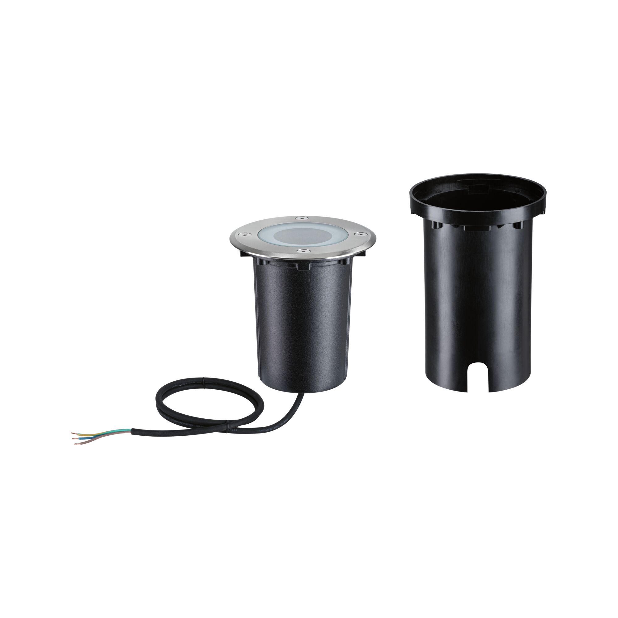 Ronde inbouwvloerspot van roestvrij staal en zwart kunststof met kabel voor buitenverlichting