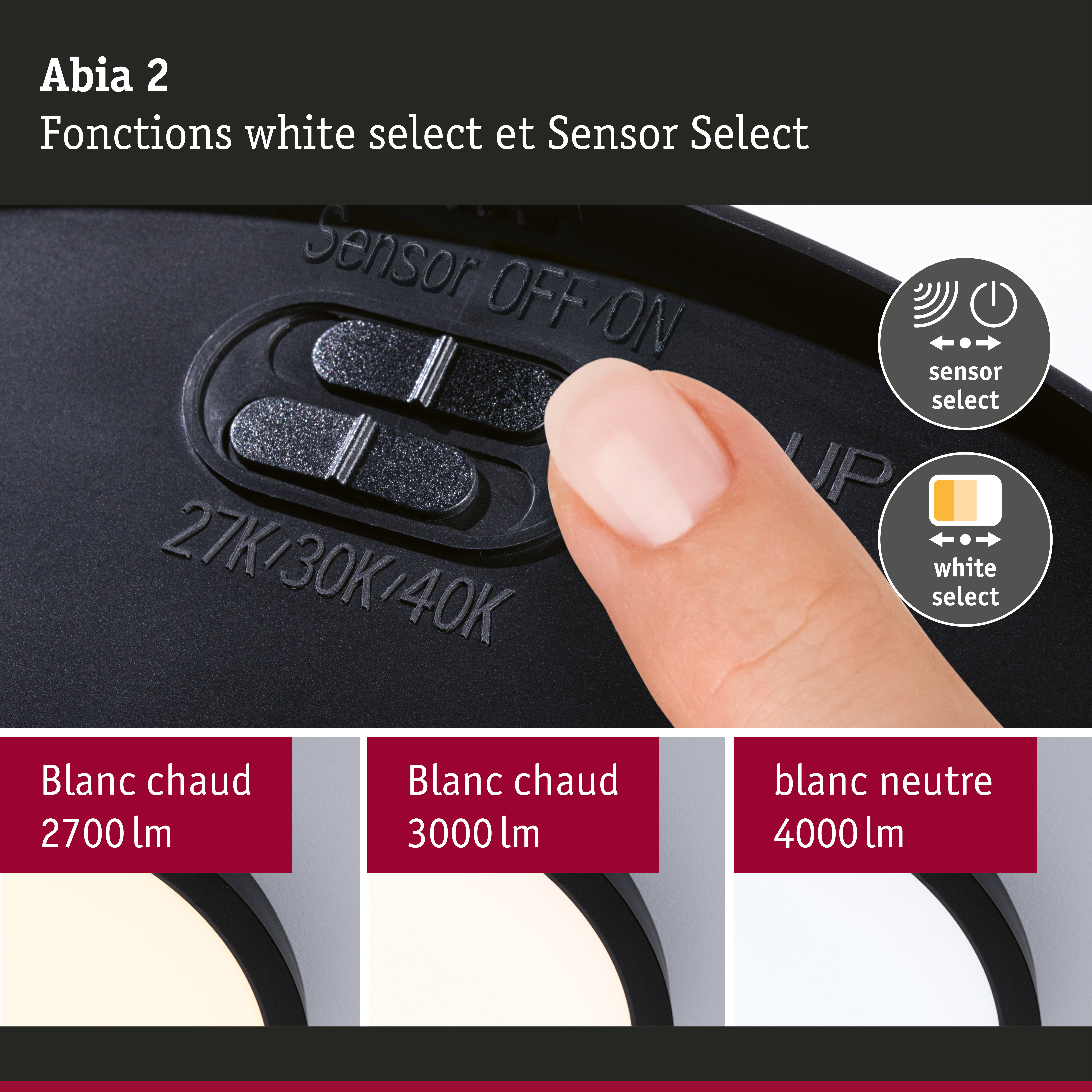 Panneau LED Abia 2 White Select Détecteur de mouvement crépusculaire (HF) rond 400mm 16W 1400lm 2700 - 4000K Noir
