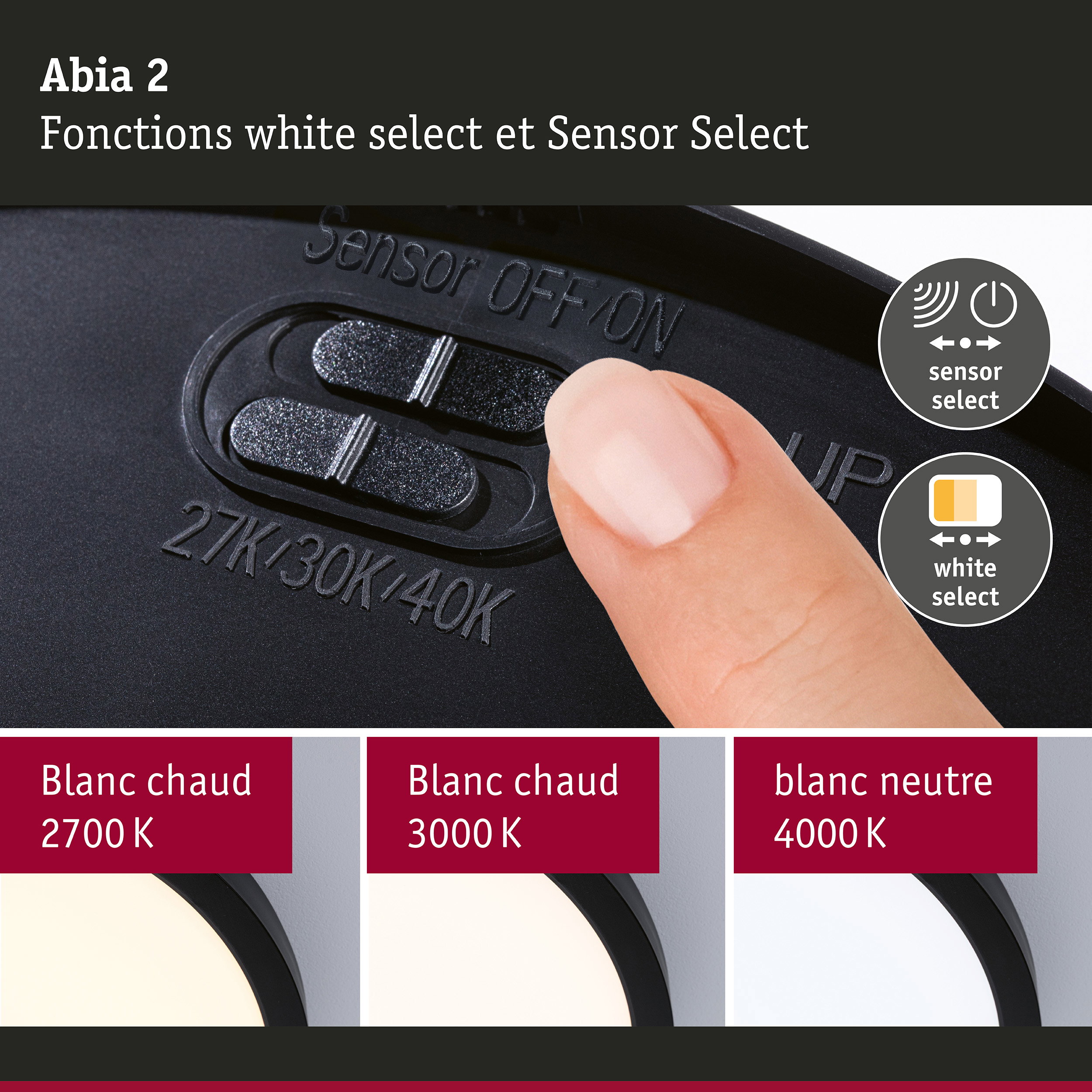 Panneau LED Abia 2 White Select Détecteur de mouvement crépusculaire (HF) rond 400mm 16W 1400lm White Select Noir