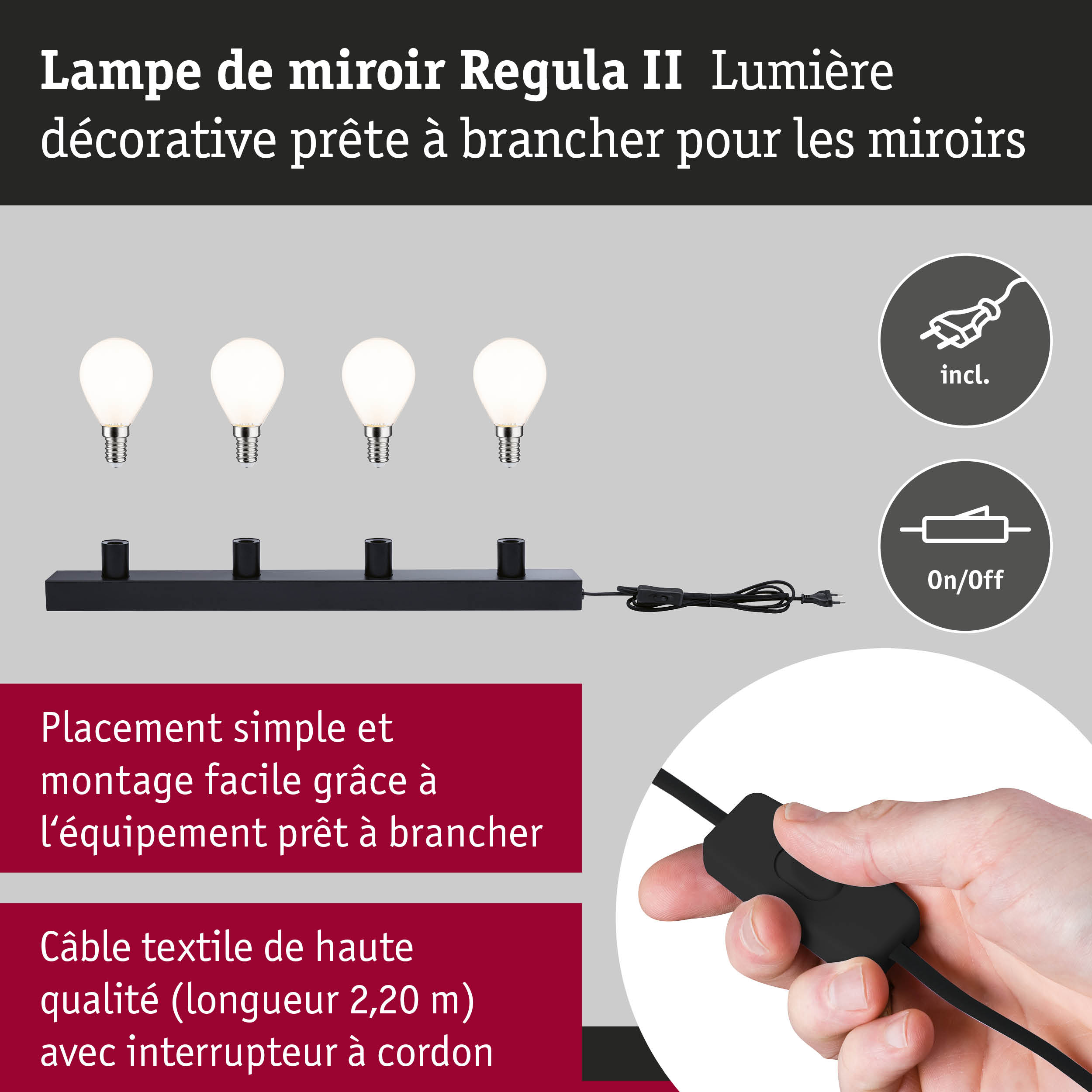 Kit Éclairage de miroir Regula II ampoules incluses 4-flammes E14 2700K 4x470lm 230V 4x4,5W gradable Noir/Opale