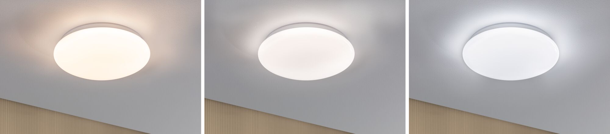 Drei runde weiße Deckenleuchten aus Kunststoff mit verschiedenen Lichtfarben für Wohnräume.
