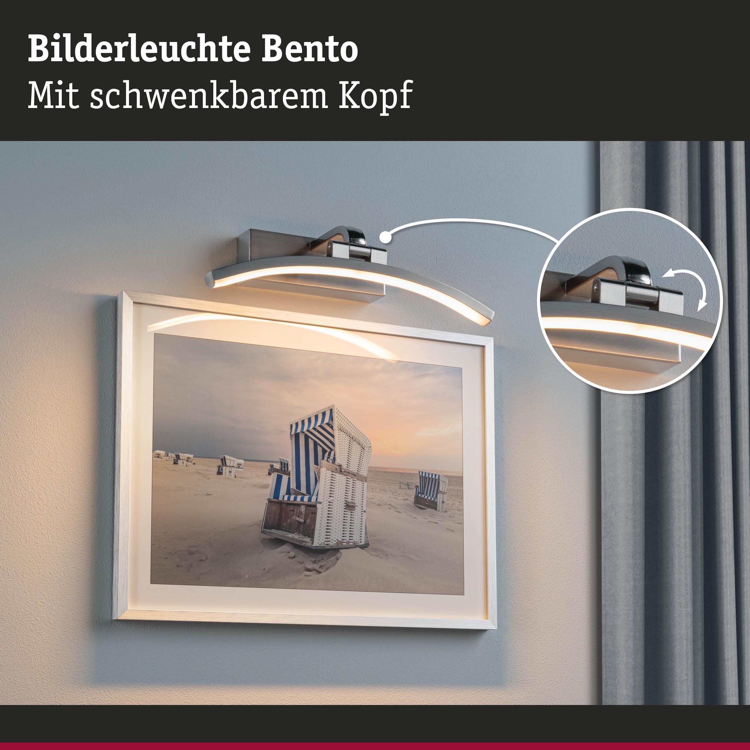 Bilderleuchte Bento aus gebürstetem Metall in Silber mit schwenkbarem Kopf für Wandbilder.