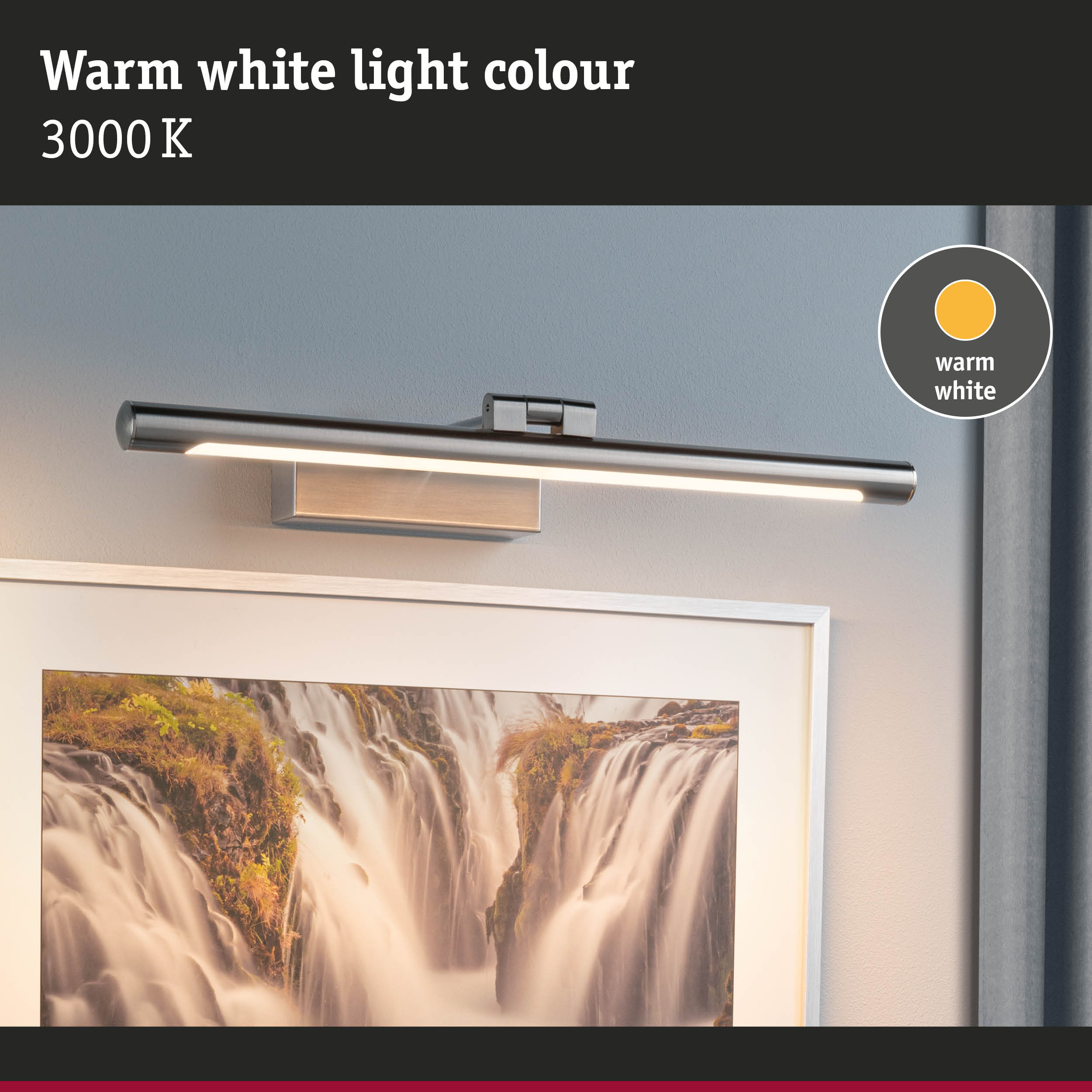 Stainless steel LED picture light with warm white 3000K illumination for ambient wall lighting