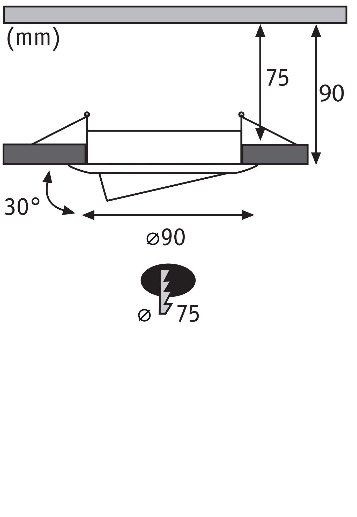 Technical drawing of recessed spotlight with 90 mm diameter and 30-degree tilt, dimensions in mm.