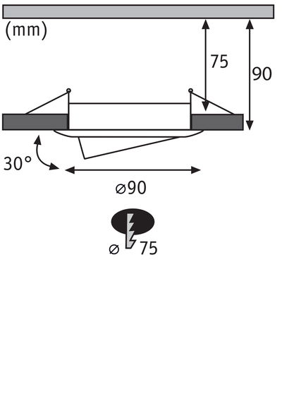 Technische tekening van inbouwspot met 90 mm diameter en 30 graden kanteling, afmetingen in mm.