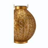 Round gold metal lantern with intricate floral pattern, decorative LED lamp for ambient lighting