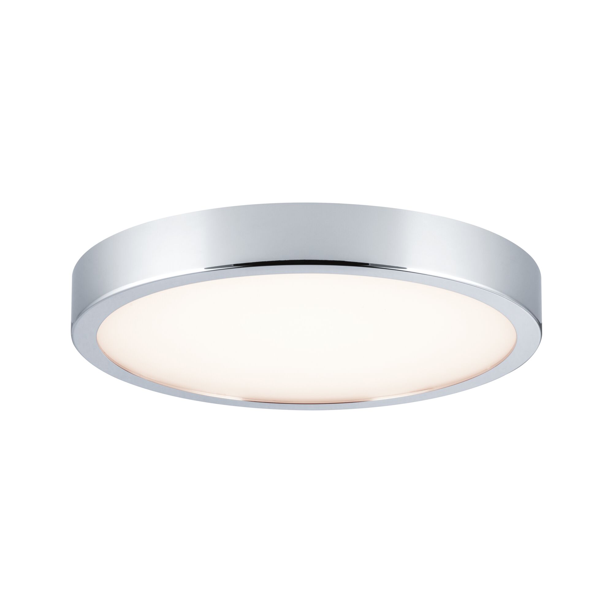 Runde Deckenleuchte aus Chrom mit weißem Diffusor für modernes LED Raumlicht