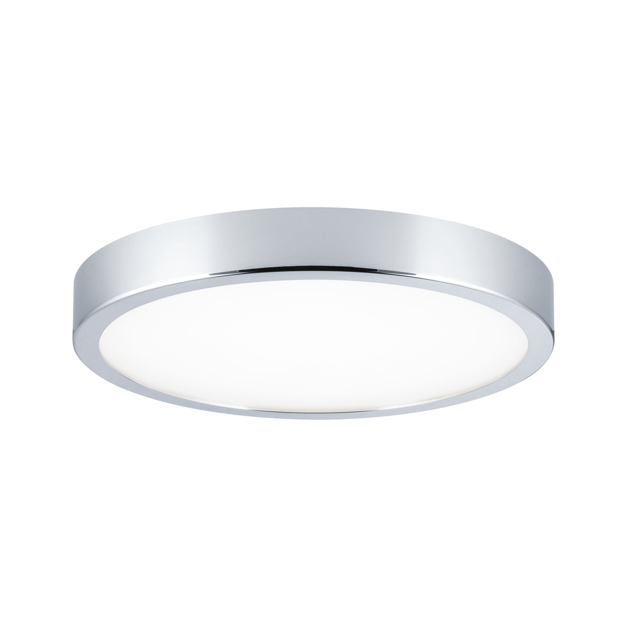 Round ceiling light with chrome frame and white plastic diffuser for modern interior lighting