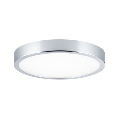 Round ceiling light with chrome frame and white plastic diffuser for modern interior lighting
