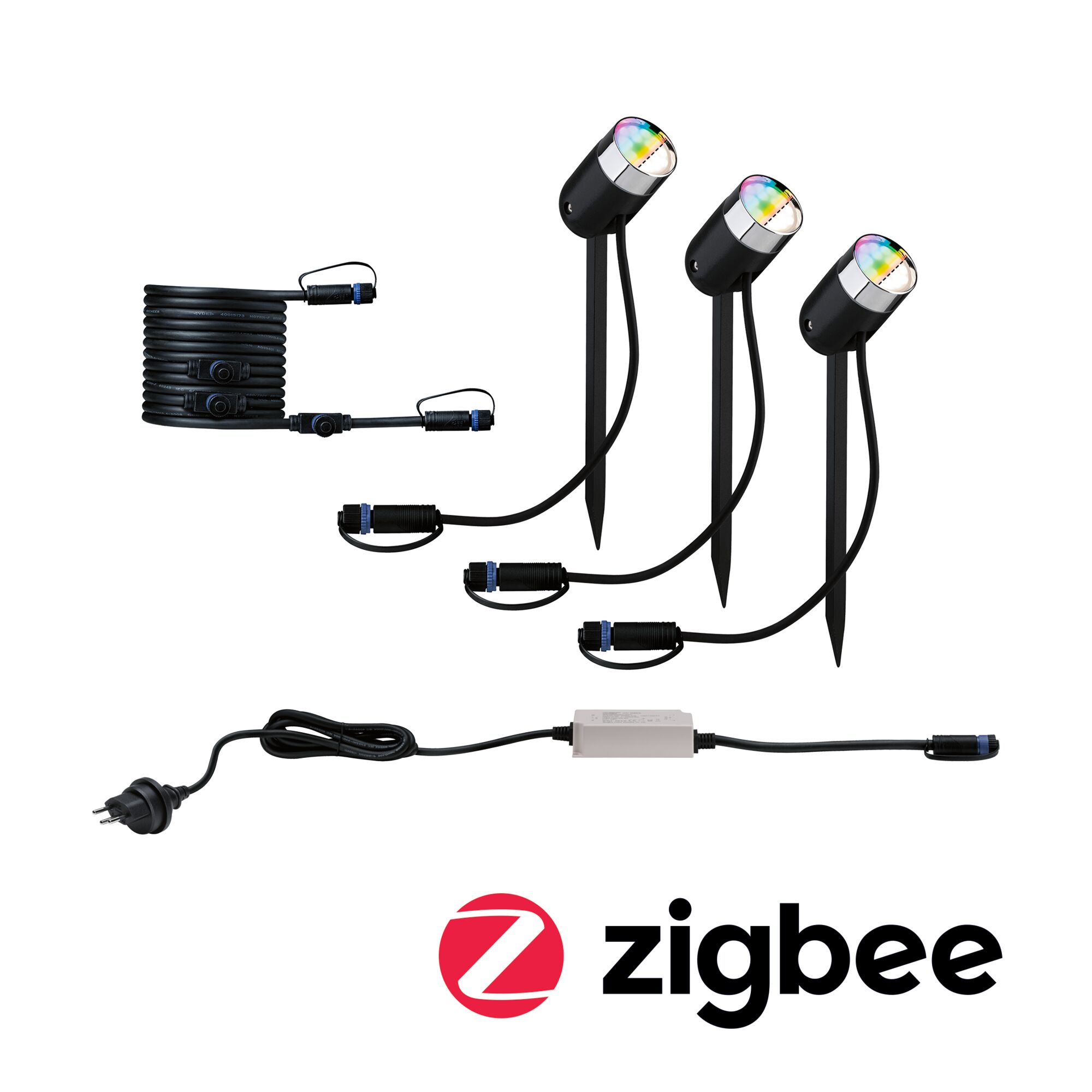 Plug & Shine Projecteur de jardin LED Smart Home Zigbee 3.0 Pike CH Kit de base IP44 RGBW+ 3x4,2W 30VA Anthracite Trois projecteurs LED de jardin noirs avec piquets et câbles pour contrôle Zigbee domotique