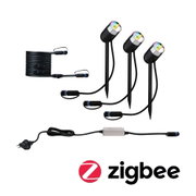 Drei schwarze LED-Gartenstrahler mit Erdspießen und Kabelset für Zigbee Smart Home Steuerung
