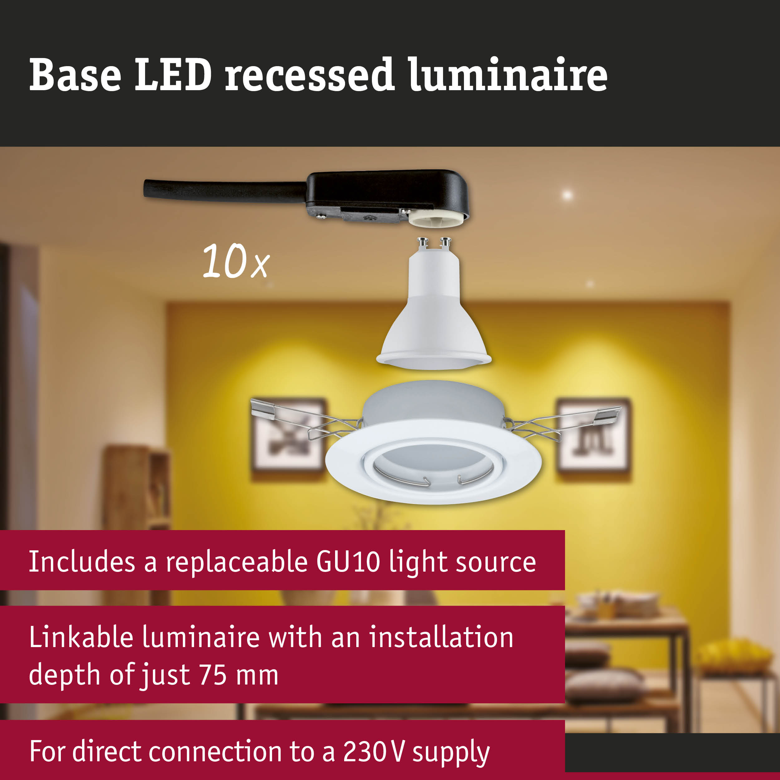 White LED recessed luminaire with GU10 socket and black cable for 230V power connection