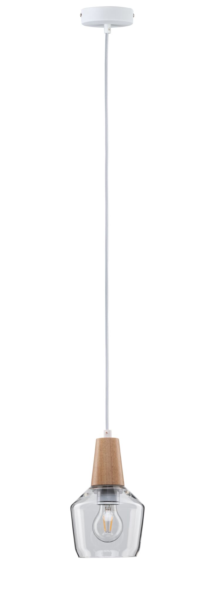 Hanglamp met helder glas en houten houder, witte kabel, modern design voor woonruimtes