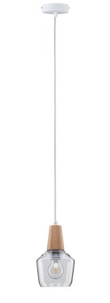 Pendant lamp with clear glass and wooden holder, white cable, modern lighting for living spaces