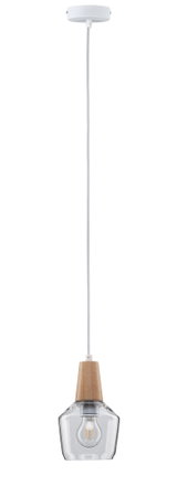 Hanglamp met helder glas en houten houder, witte kabel, modern design voor woonruimtes