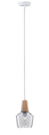 Pendant lamp with clear glass and wooden holder, white cable, modern lighting for living spaces