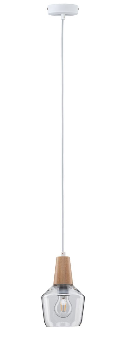 Pendant lamp with clear glass and wooden holder, white cable, modern lighting for living spaces