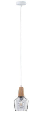 Pendant light with wooden holder and clear glass shade, modern interior lighting fixture