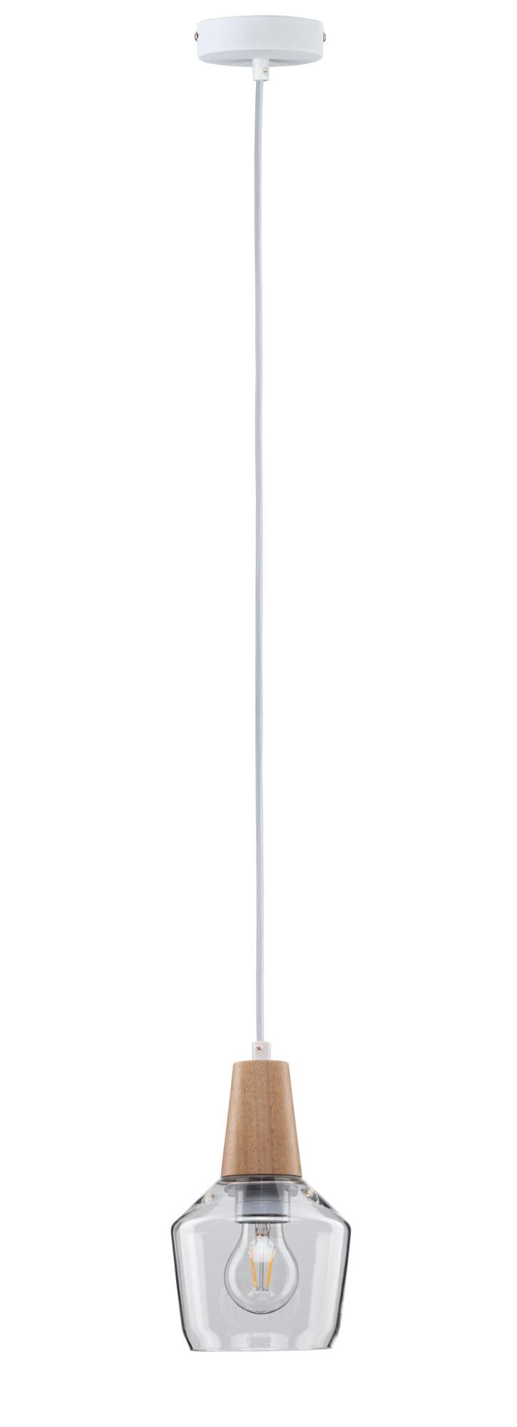 Pendant light with wooden holder and clear glass shade, modern interior lighting fixture