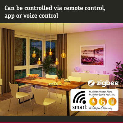 Dining room with smart dimmable yellow LED pendant lights controllable via app and voice commands