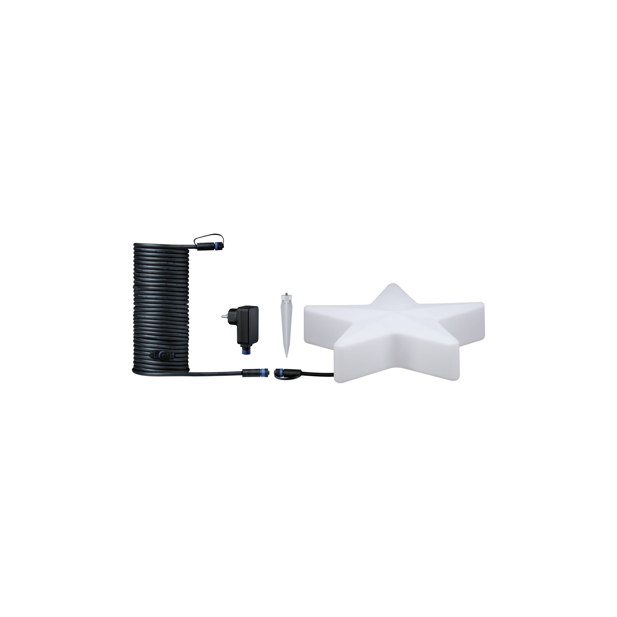 White plastic star with black cable, power adapter, and ground spike for outdoor lighting