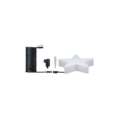 White plastic star with black cable, power adapter, and ground spike for outdoor lighting