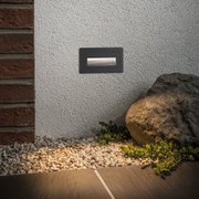 Black aluminum LED wall light on white exterior wall with stones and gravel for garden lighting