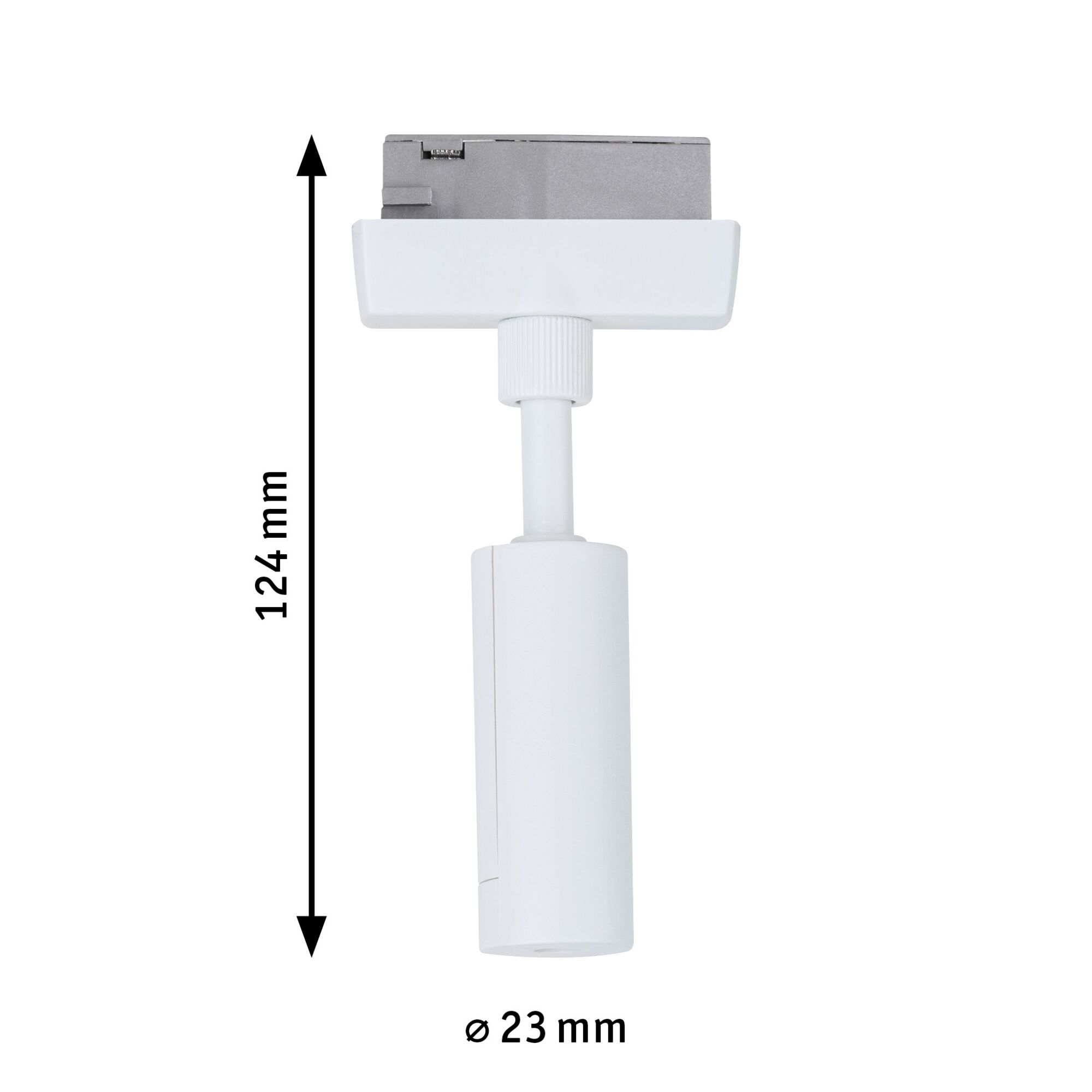 White metal LED spotlight 124 mm long and 23 mm diameter for track lighting systems