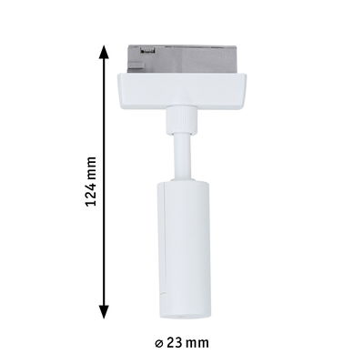 White metal LED spotlight 124 mm long and 23 mm diameter for track lighting systems
