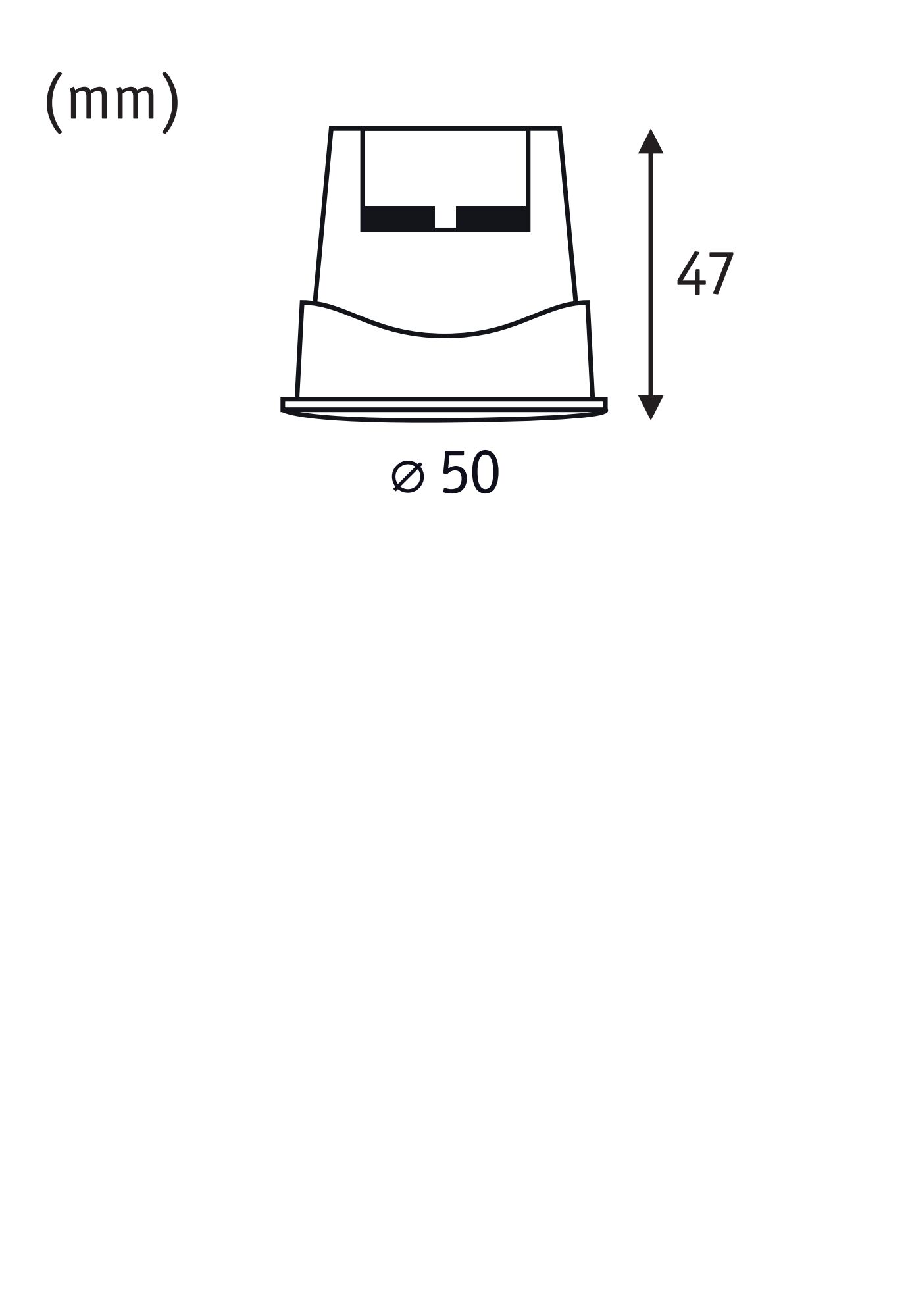 Technical drawing showing 50 mm diameter and 47 mm height of a lighting housing