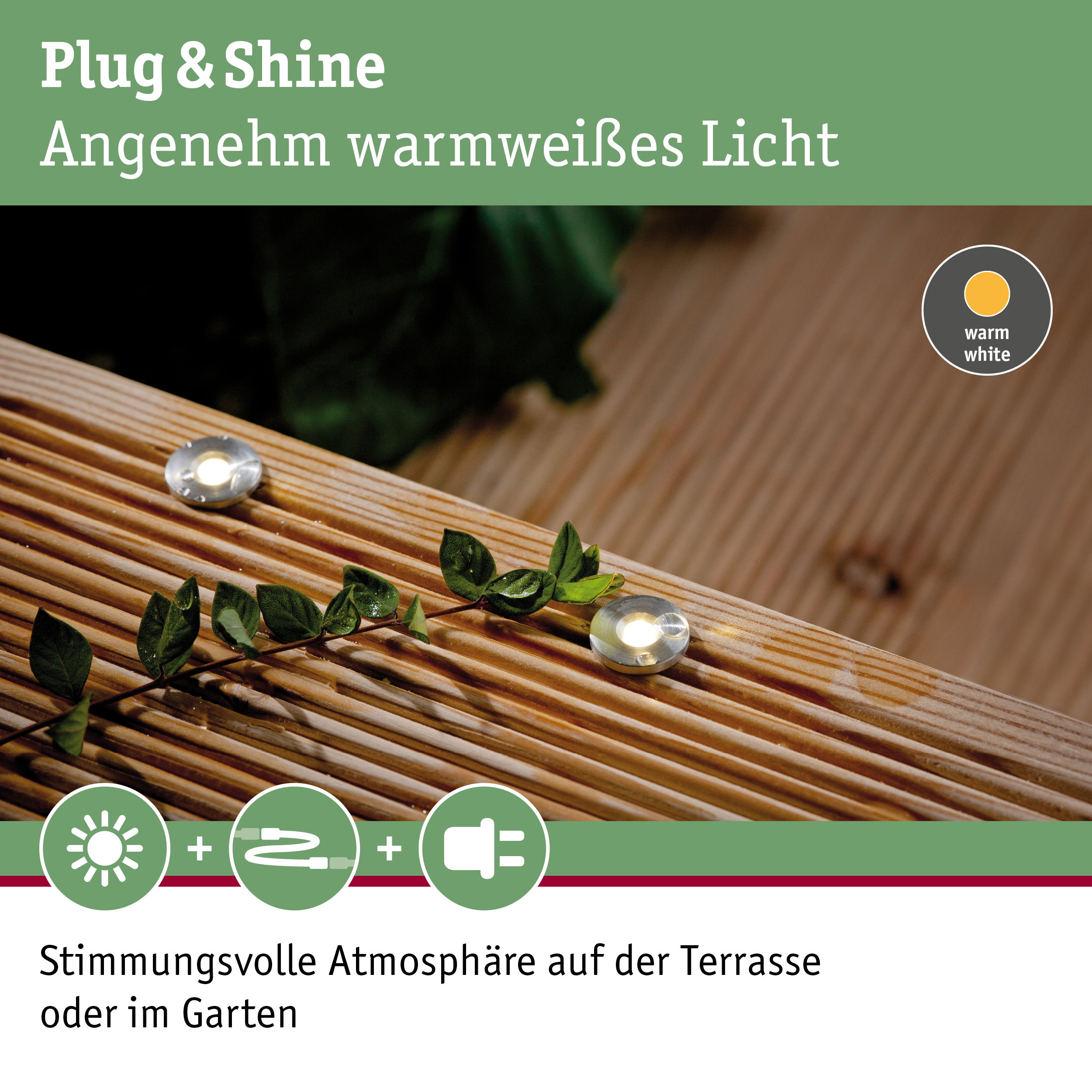 LED-Einbauleuchten mit warmweißem Licht auf Holzterrasse für stimmungsvolle Gartenbeleuchtung