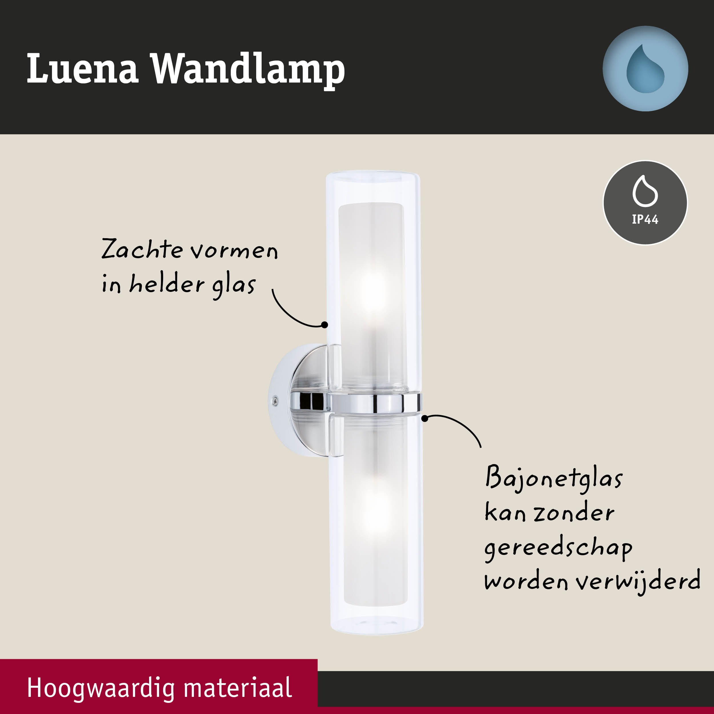 Luena wandlamp van helder glas met chromen houder, IP44 bescherming voor badkamerverlichting