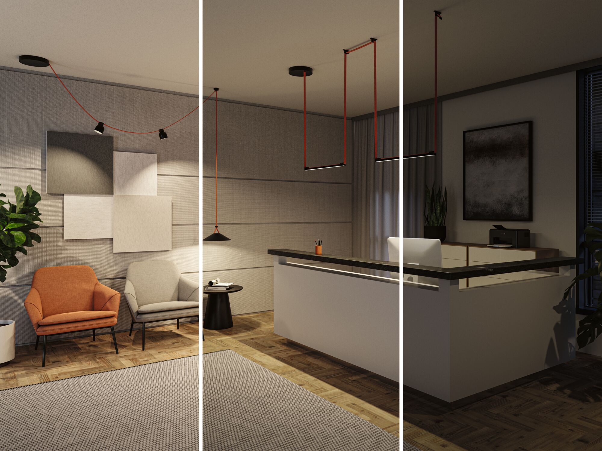 Moderne woonkamer met zwarte LED-plafondlampen aan rode kabels en comfortabele fauteuils