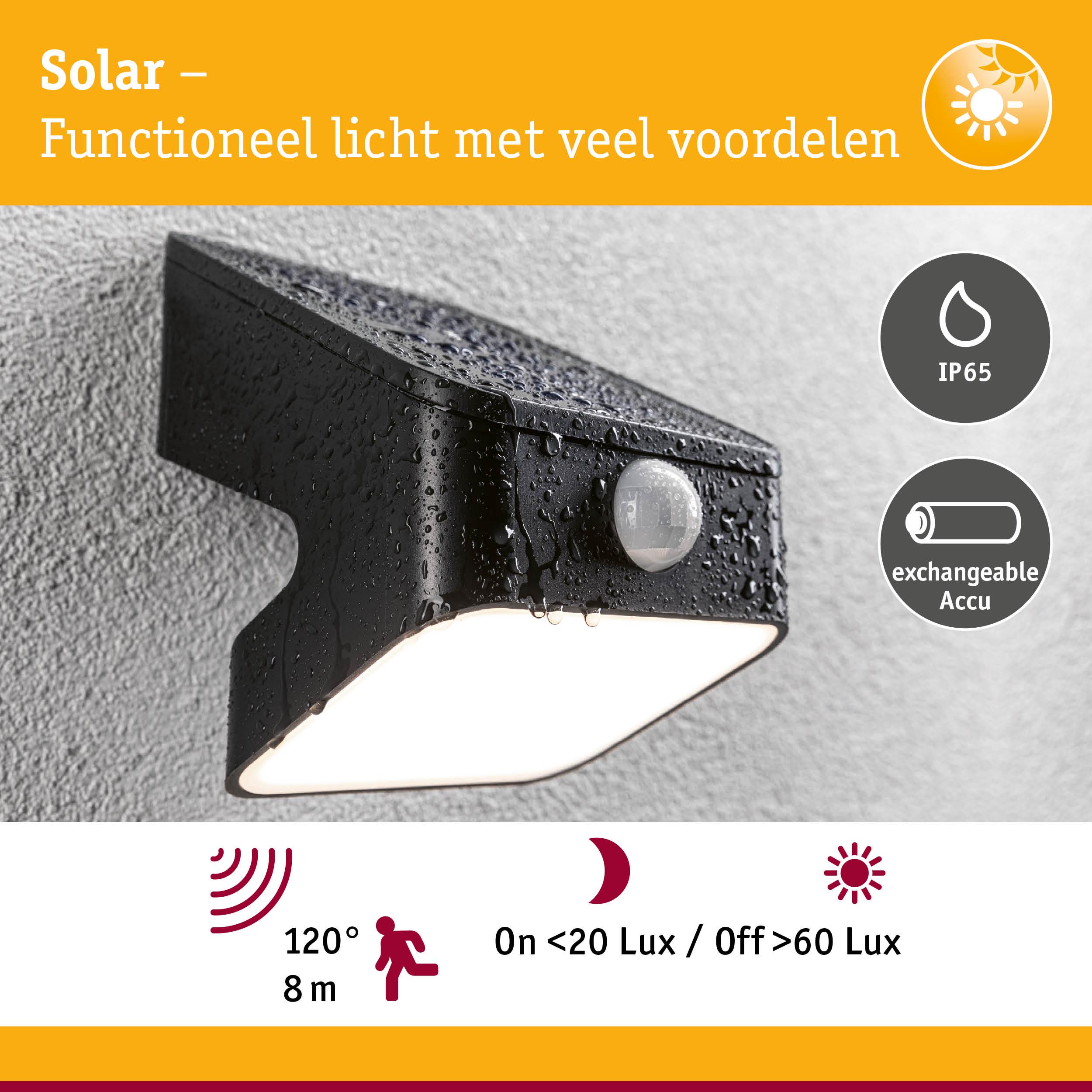 Zwarte solar buitenlamp met bewegingssensor en IP65 bescherming, energiezuinige LED-wandlamp