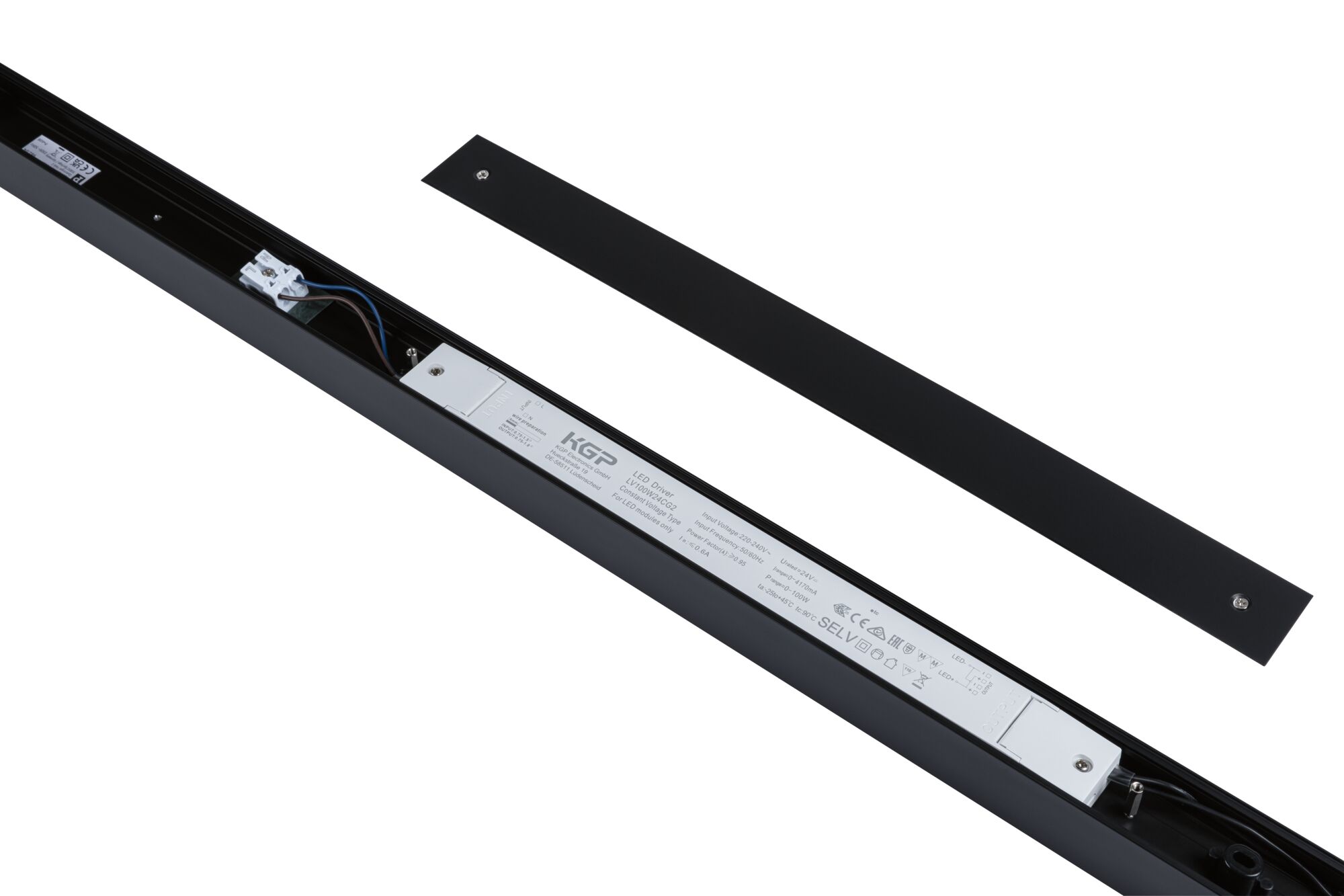 Black metal LED driver housing with removable cover and visible wiring for LED lighting installation