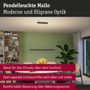 Schwarze Pendelleuchte Mailo mit moderner, filigraner Optik über grünem Esszimmer mit Tisch und Pflanzen