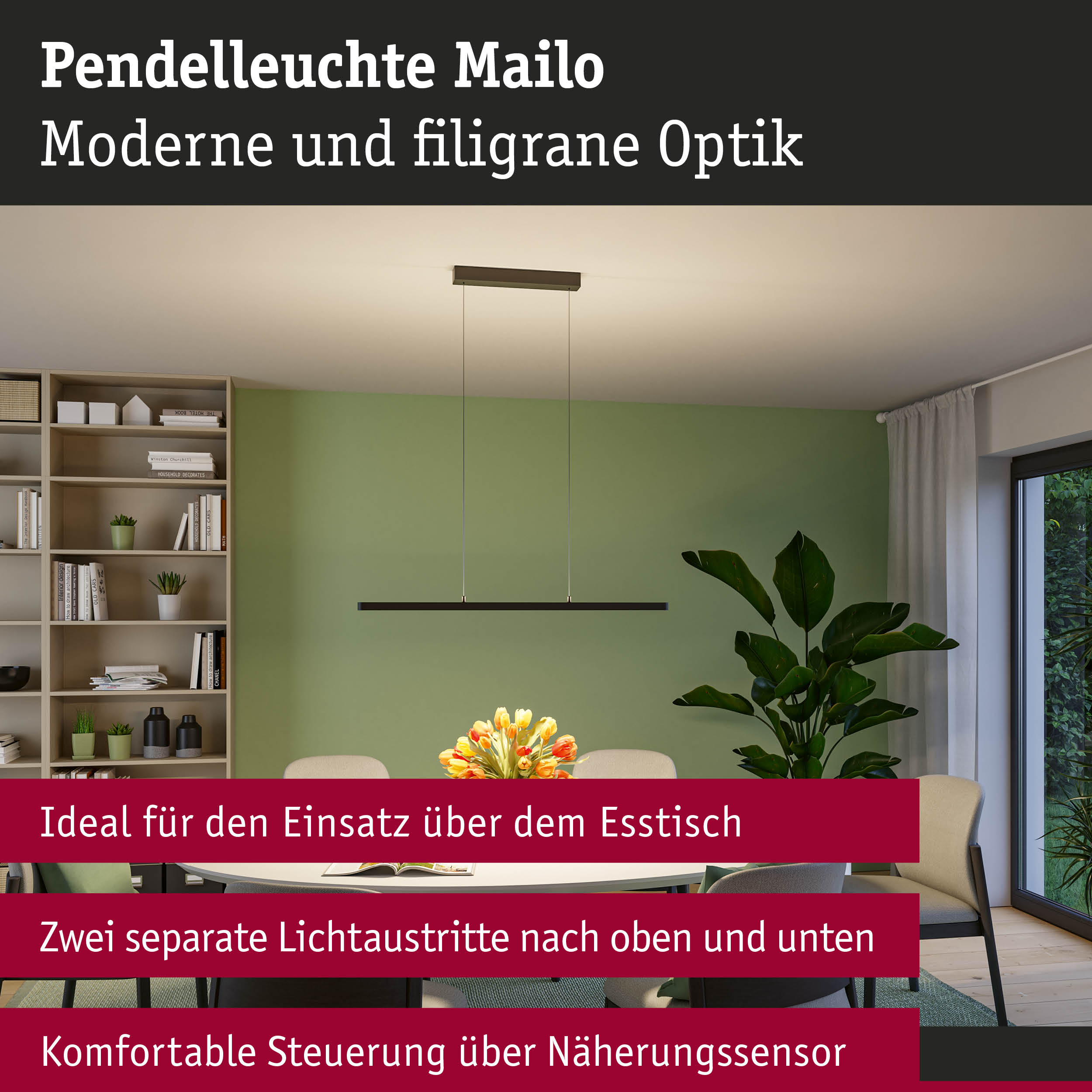 Schwarze Pendelleuchte Mailo mit moderner, filigraner Optik über grünem Esszimmer mit Tisch und Pflanzen